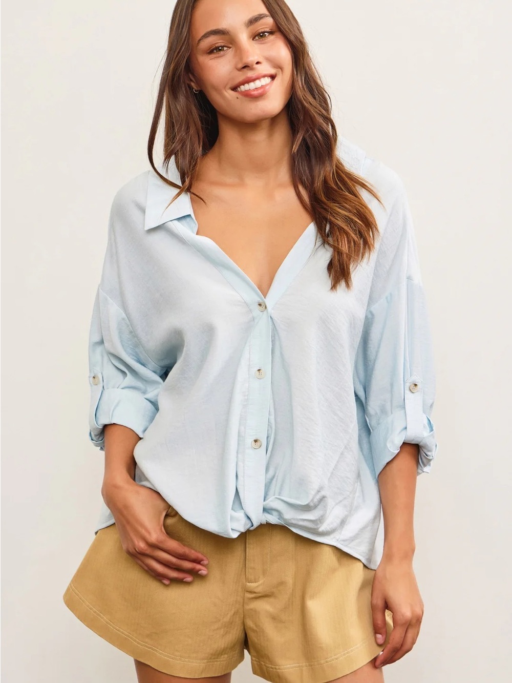 Mustard Seed Coastal Blue Satin Twist Front Blouse Oversized Resort Boho Top